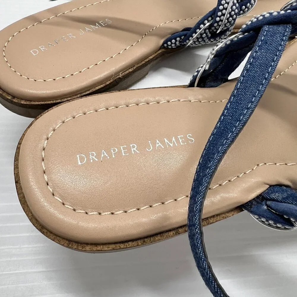 Draper James Blue Julianna Braided Embellished T-Strap Flat Sandals Size 10